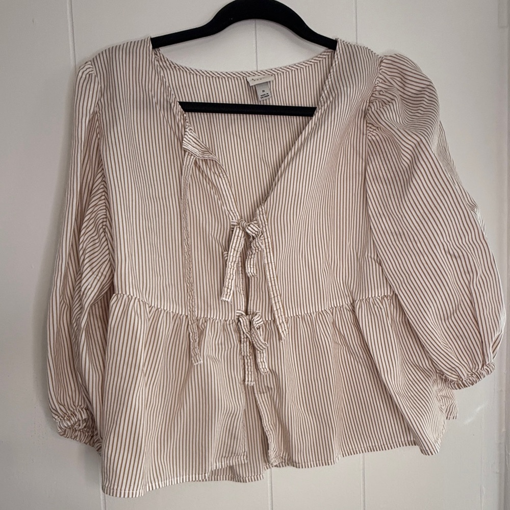 A New Day Beige Striped BoHo Blouse